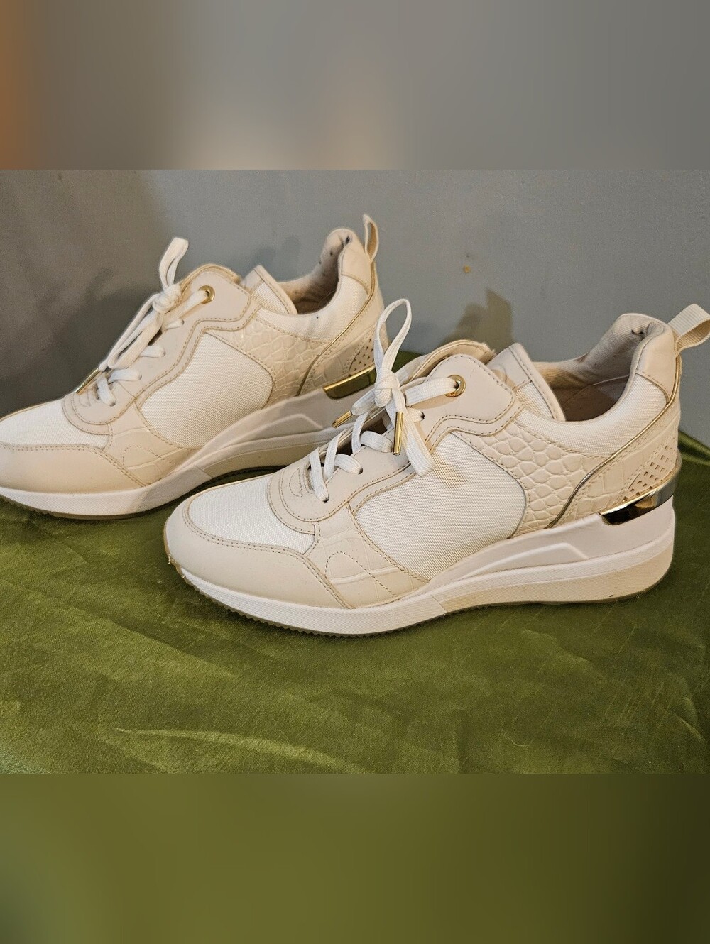 MICHAEL Michael Kors Crista Canvas Croc-Embossed Wedge Sneakers Cream Gold 9